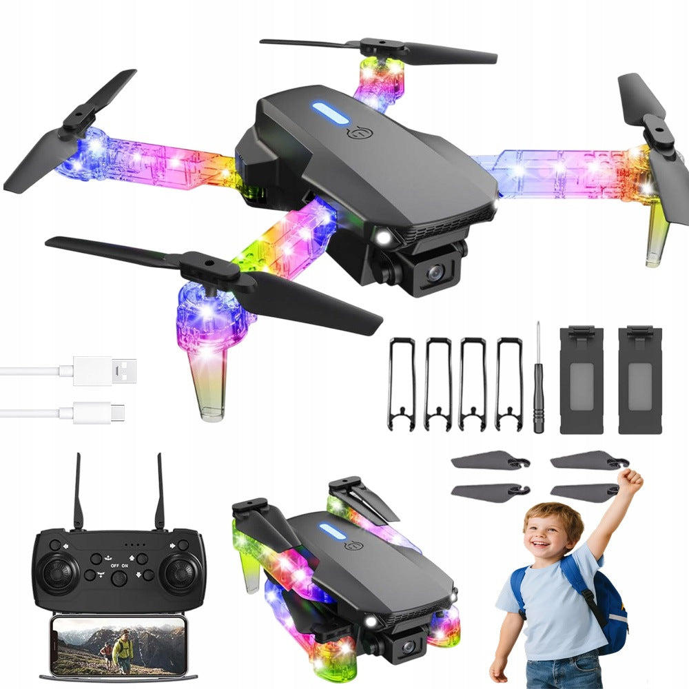 E99 FOLDING TOY DRONE, WIFI TRANSMISSION, COLORFUL LED FOR BABY