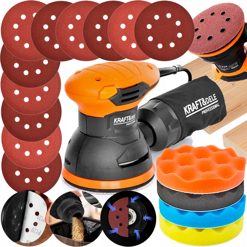 ECCENTRIC OSCILLATING SANDER WOOD METAL 125mm +PAPERS + SPONGES XXL