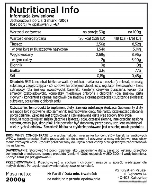 ECCONO - 100% Whey Protein Concentrate - 2000g strawberry Expiration date at least 3 months from the date of purchase