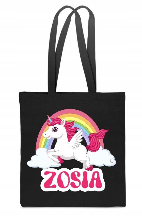 ECO BAG BLACK WITH ANY NAME INSCRIPTION Unicorn Rainbow of roses TT_574_cz