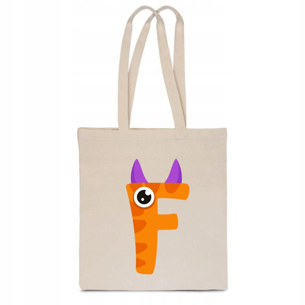 ECO BAG Cotton beige children's with LETTER F baby name monster TT_474