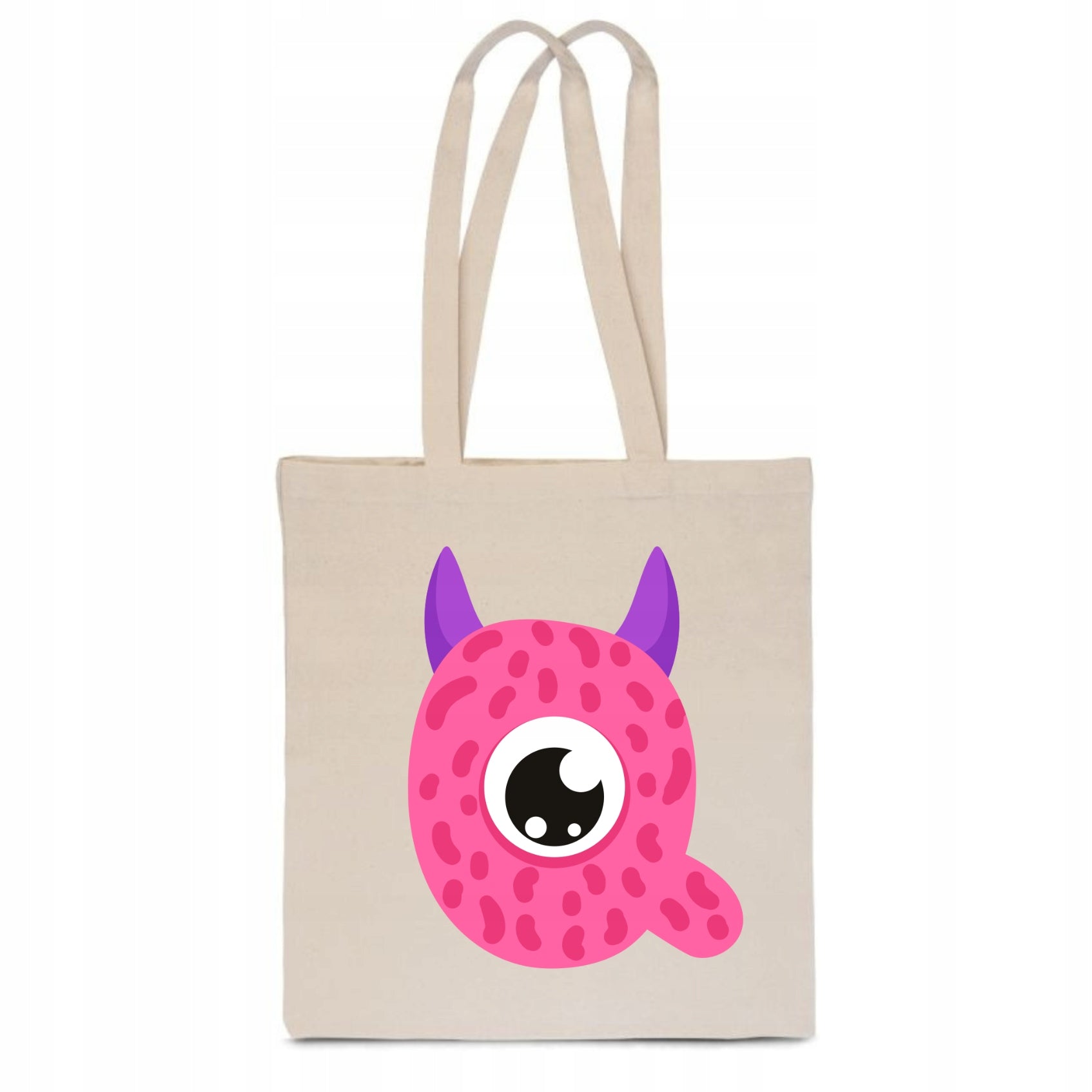 ECO BAG Cotton beige children's with LETTER Q baby name monster TT_485