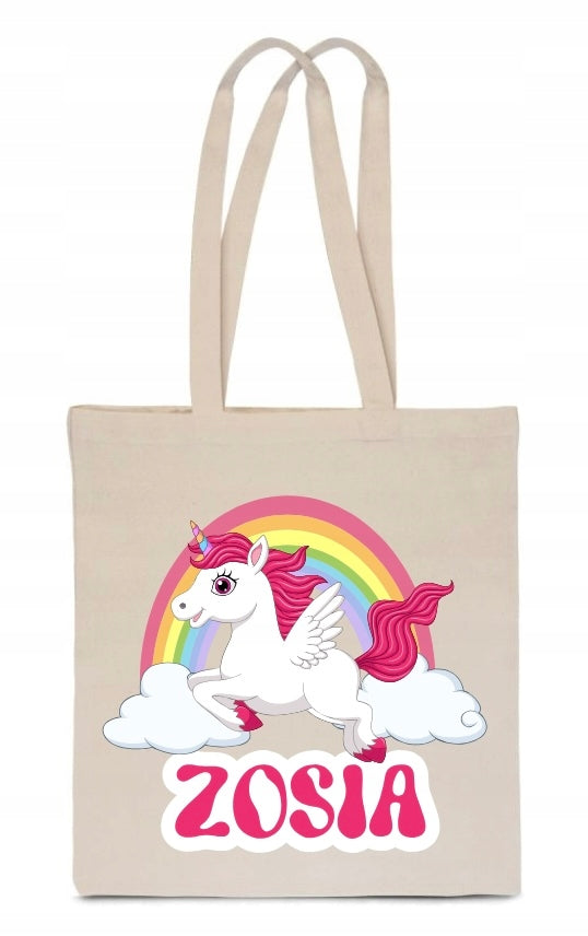 ECO BAG beige WITH ANY NAME INSCRIPTION Unicorn Rainbow pink TT_574_e