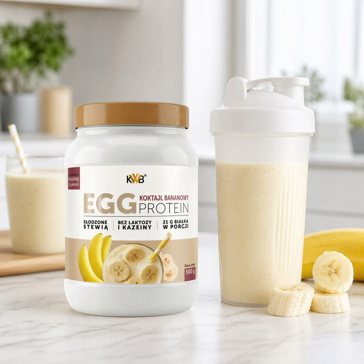 EGG Protein KWB EGG PROTEIN 500g Banana Flavour Sweetened with Stevia Manufacturer code EGG Protein KWB ALBUMINA BIAŁKO JAJ 500g