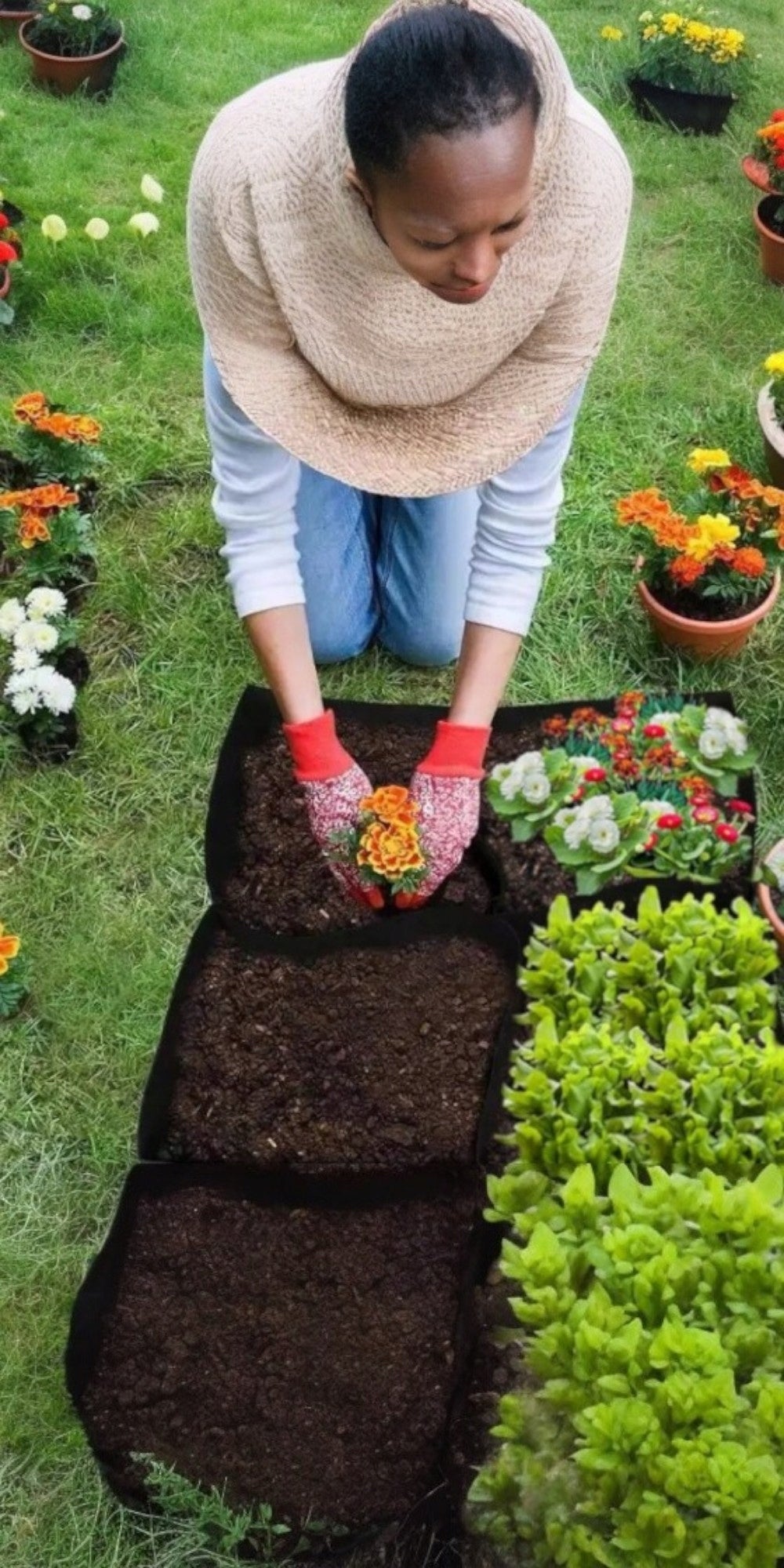 EIGHT-CHAMBER POT BAG WITH FLISELINE GARDEN POTS FOR VEGETABLES HERBS Product width 90 cm