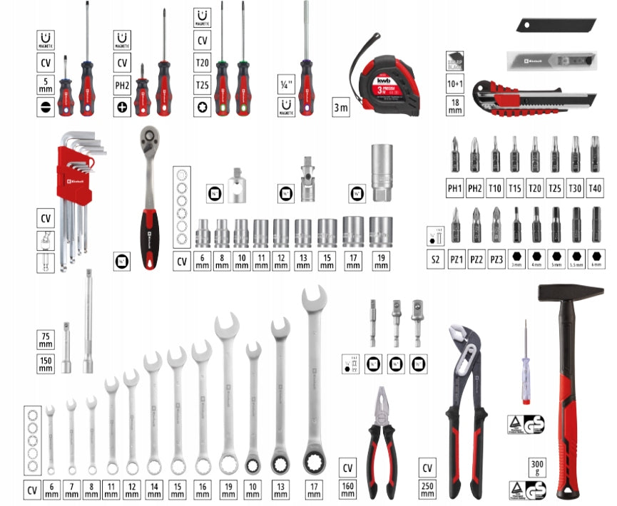 EINHELL E-CASE TOOL SET IN CASE 80 EL. SET OF WRENCHES PLIERS Manufacturer code 49370570
