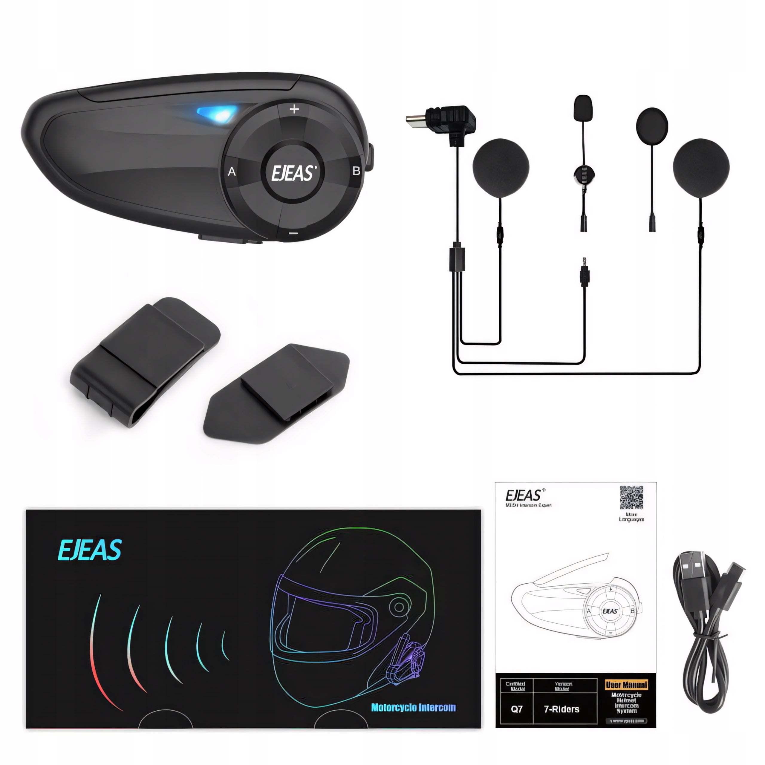 EJEAS Q7 MOTORCYCLE INTERCOM FOR HELMET IP67 UP TO 800M MAX 7 PEOPLE BT APPLICATION