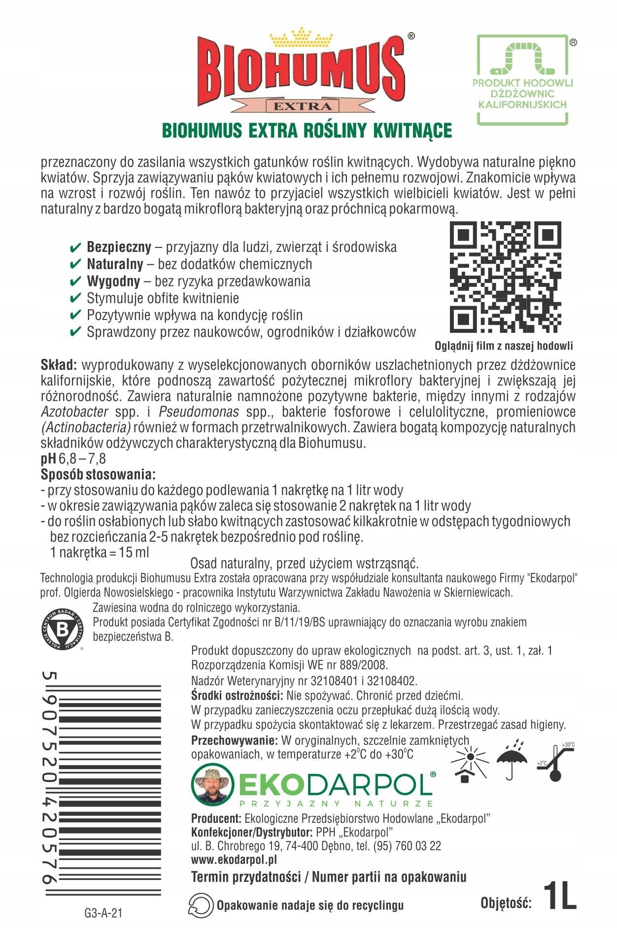 EKODARPOL BIOHUMUS EXTRA FLOWERING PLANTS, fertilizer for flowering plants 1L Packaging status original