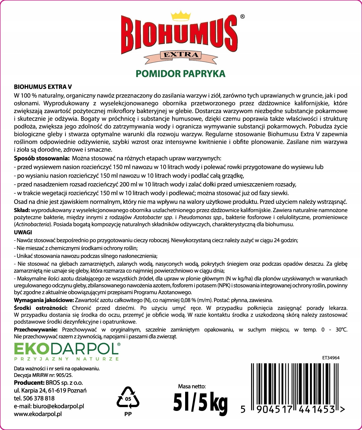 EKODARPOL BIOHUMUS EXTRA PEPPER TOMATO, fertilizer for tomatoes and peppers 5 L Packaging status original