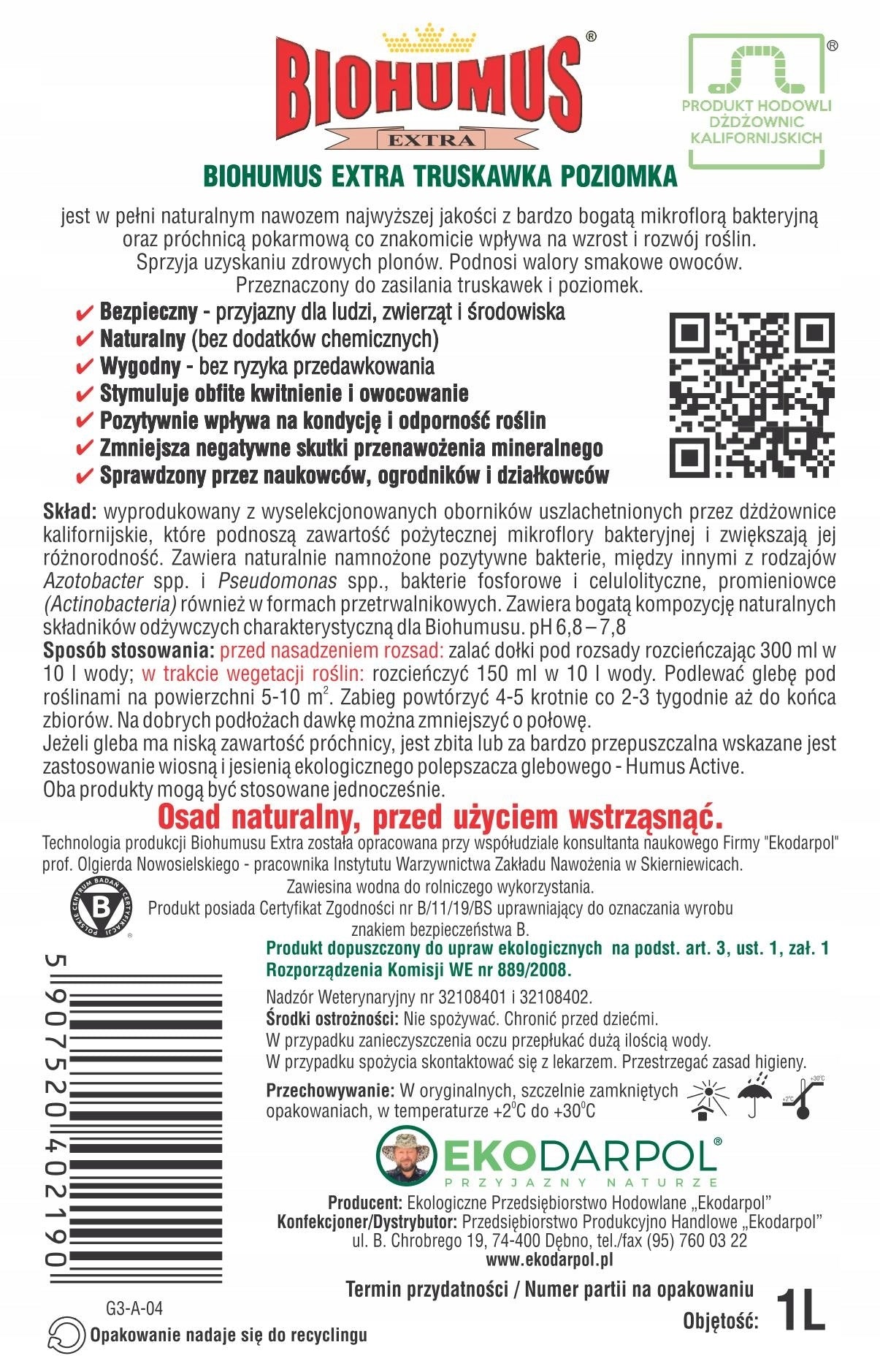 EKODARPOL BIOHUMUS EXTRA STRAWBERRY, fertilizer 1L Packaging status original
