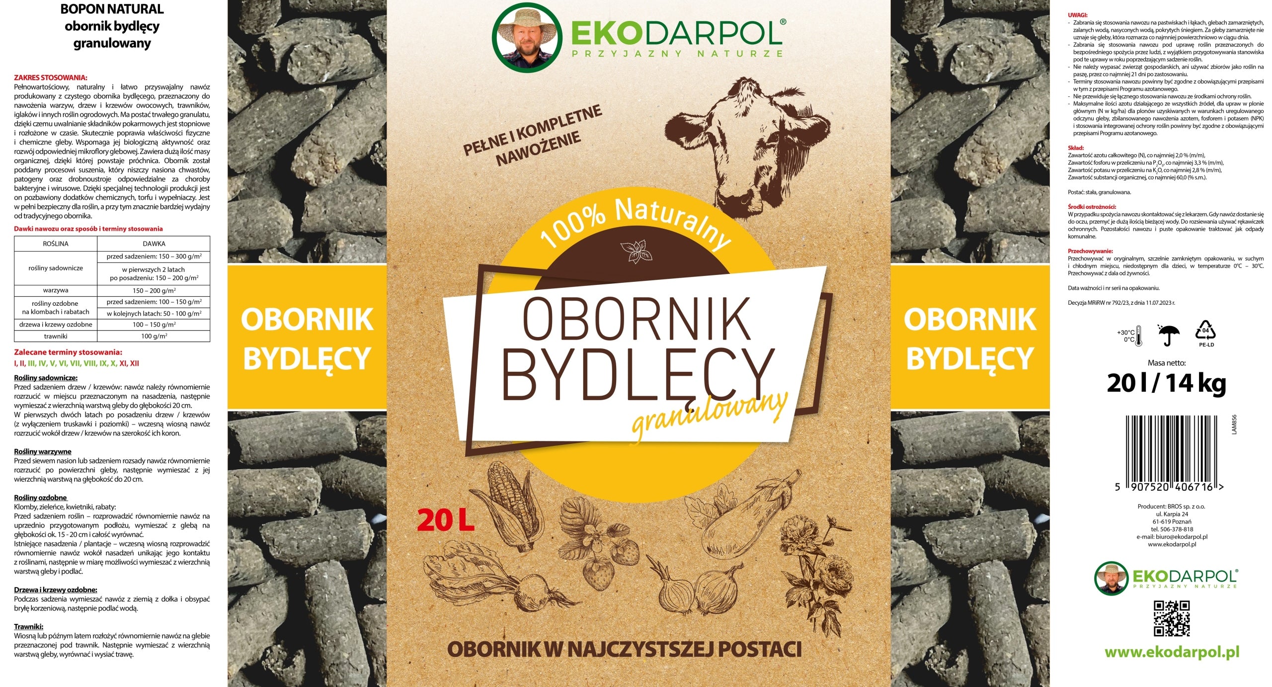 EKODARPOL BOVINE MANURE granular natural fertilizer 20L Packaging status original