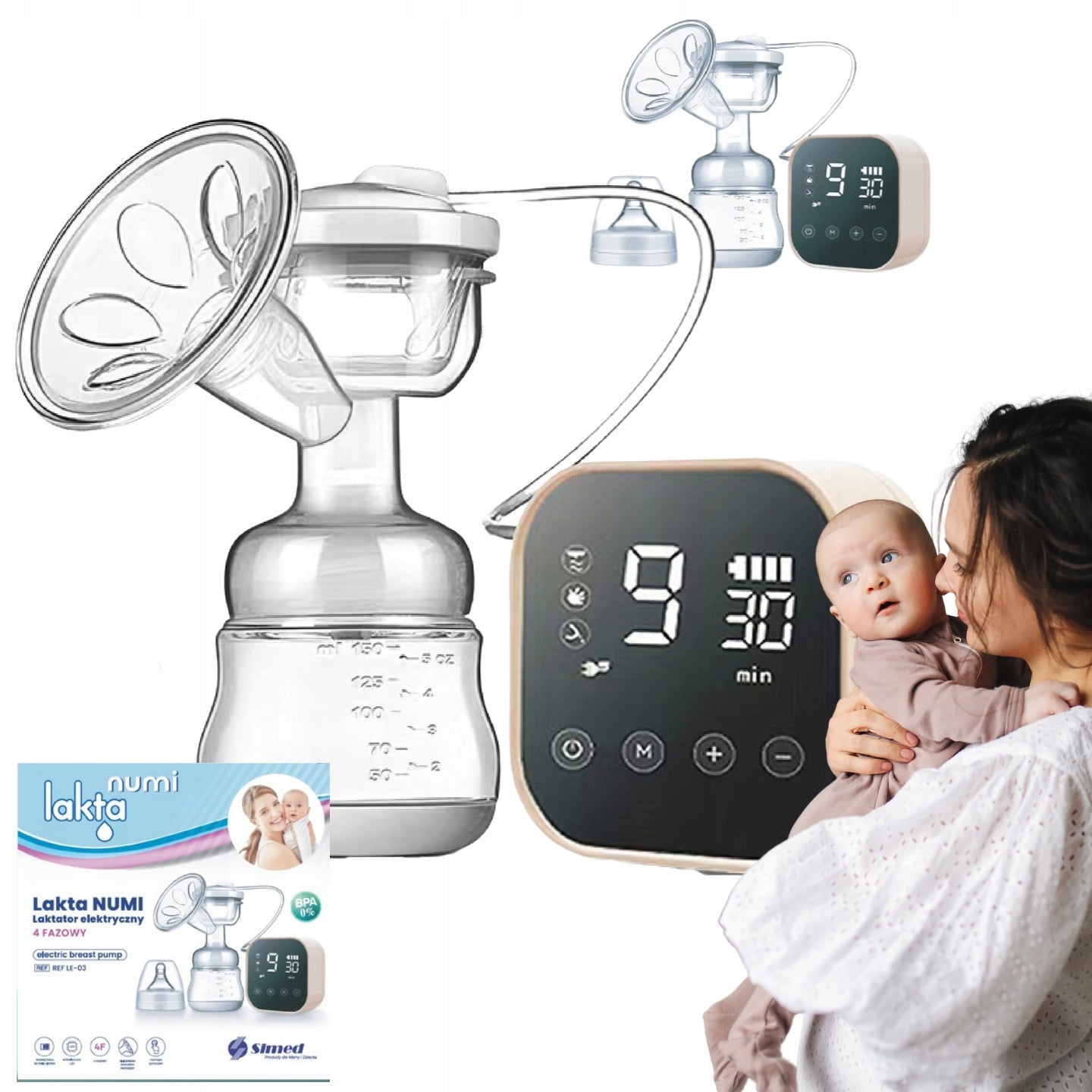 ELECTRIC BREAST PUMP FEEDING Lacta NUMI 4 Phases Rechargeable 150ml LED POWER