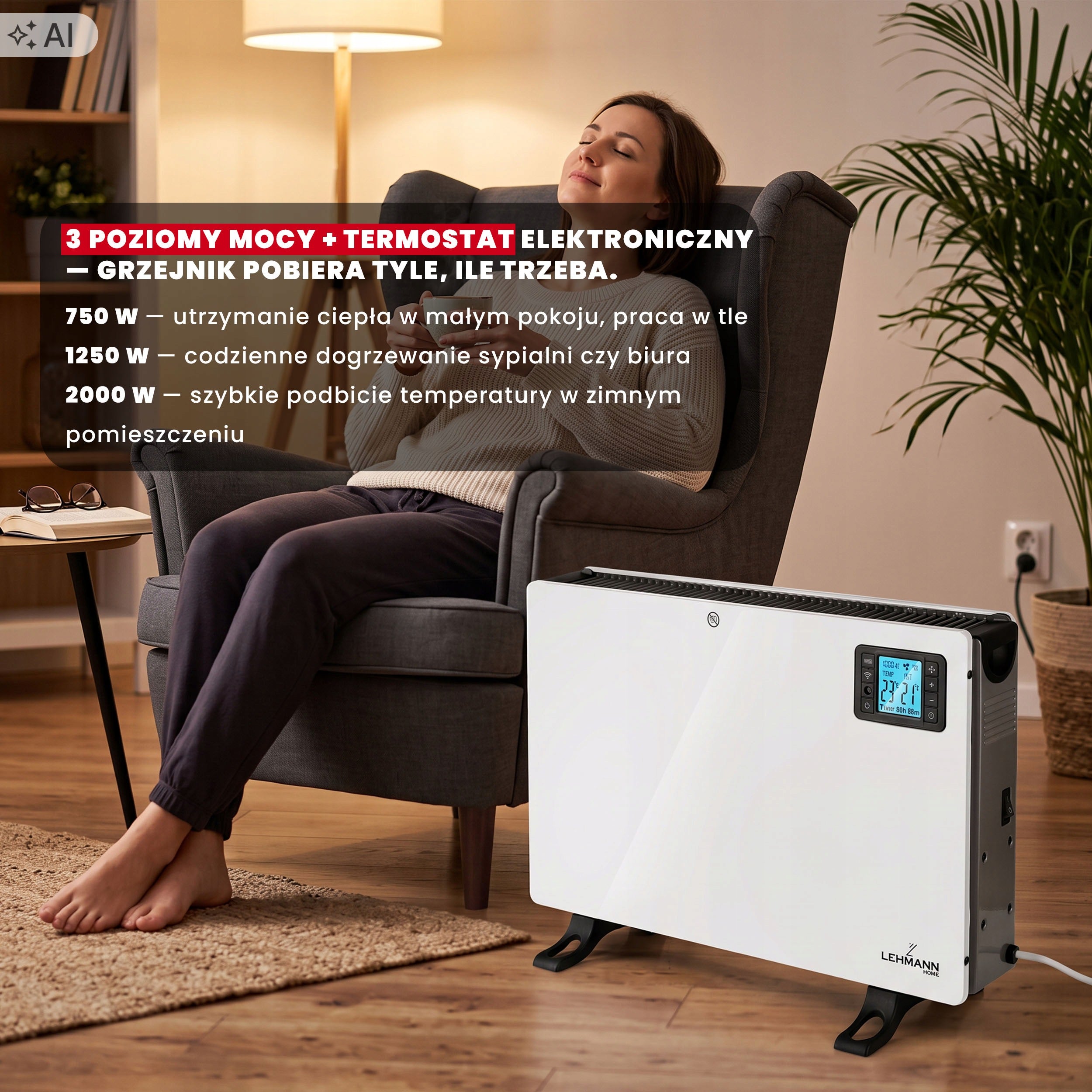 ELECTRIC CONVECTOR HEATER ENERGY-EFFICIENT WI-FI REMOTE CONTROL TIMER LED 2000W Manufacturer code WOLNOSTOJĄCY PRZENOŚNY OGRZEWANIE FARELKA