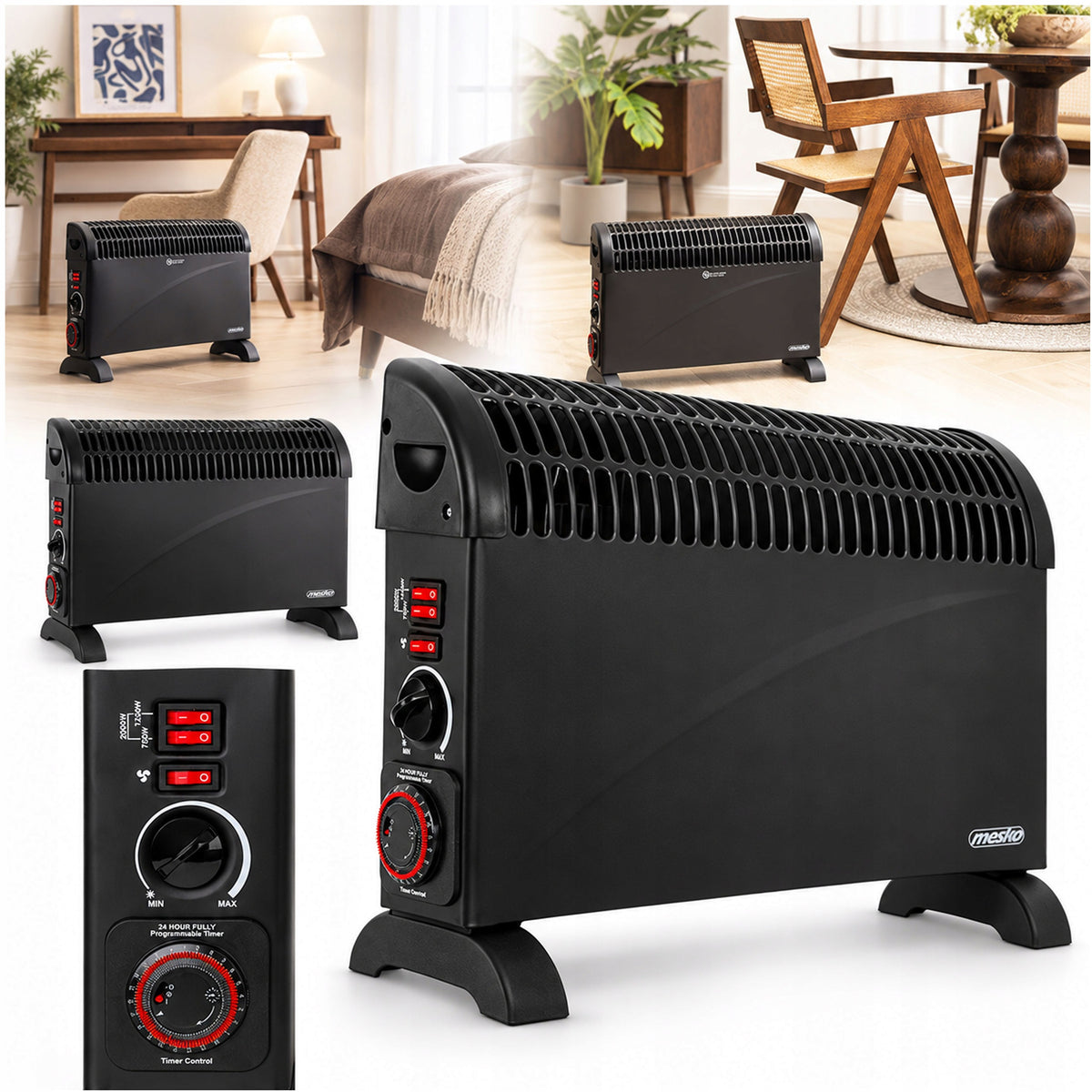 ELECTRIC CONVECTOR HEATER TURBO AIR SUPPLY 2000W THERMOSTAT TIMER BLK