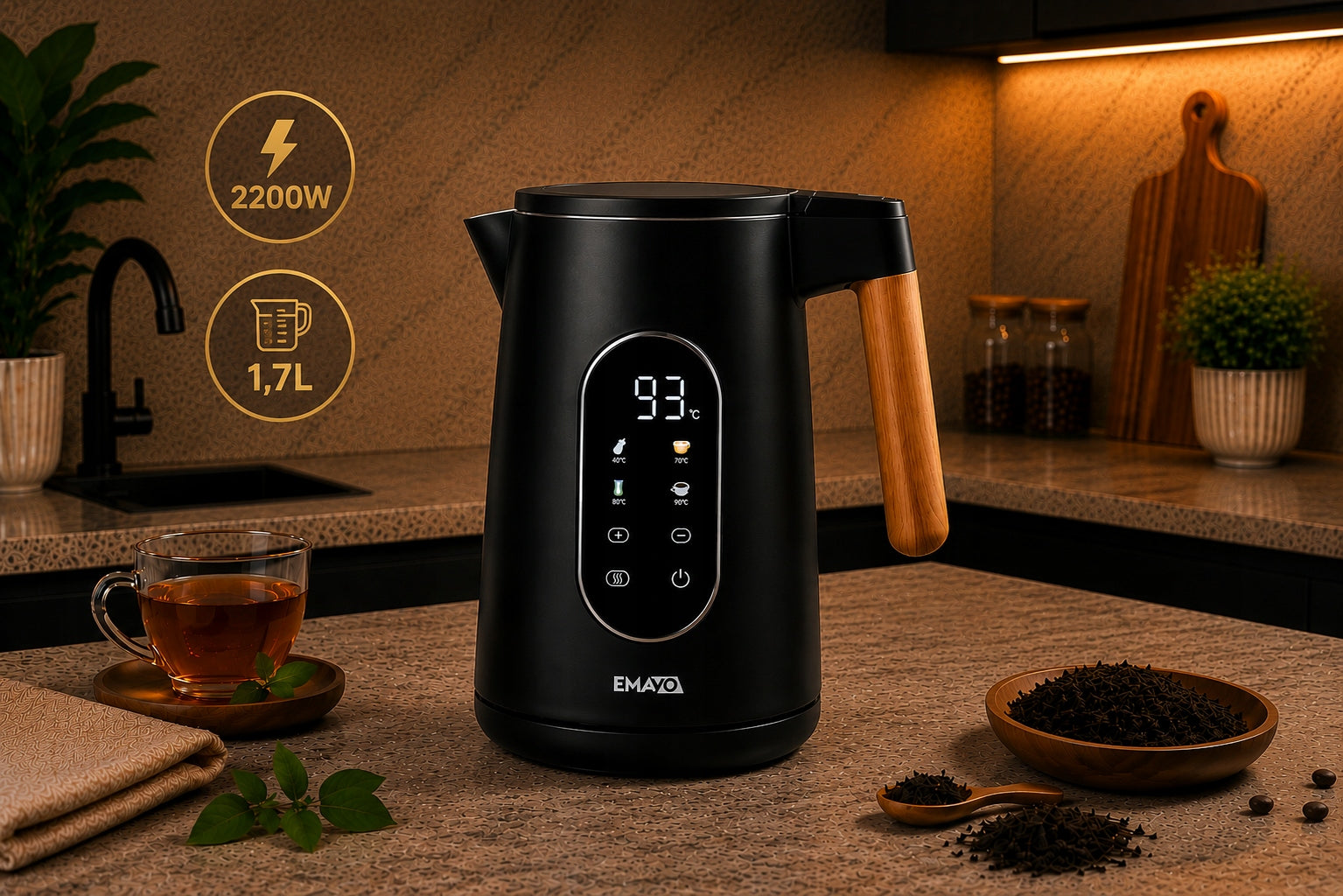 ELECTRIC CORDLESS KETTLE 1,7l 2200W BLACK TEMPERATURE CONTROL Power 2200 W