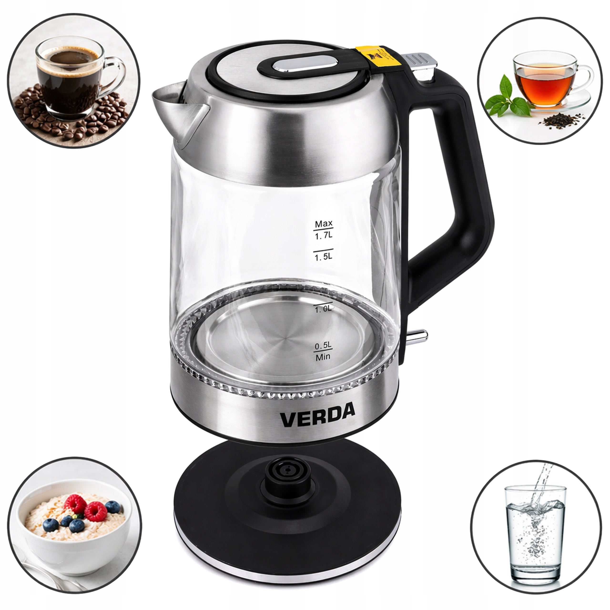 ELECTRIC GLASS KETTLE 1,7L 2200W LED CORDLESS STEEL HIGH POWER Dominant color silver/gray