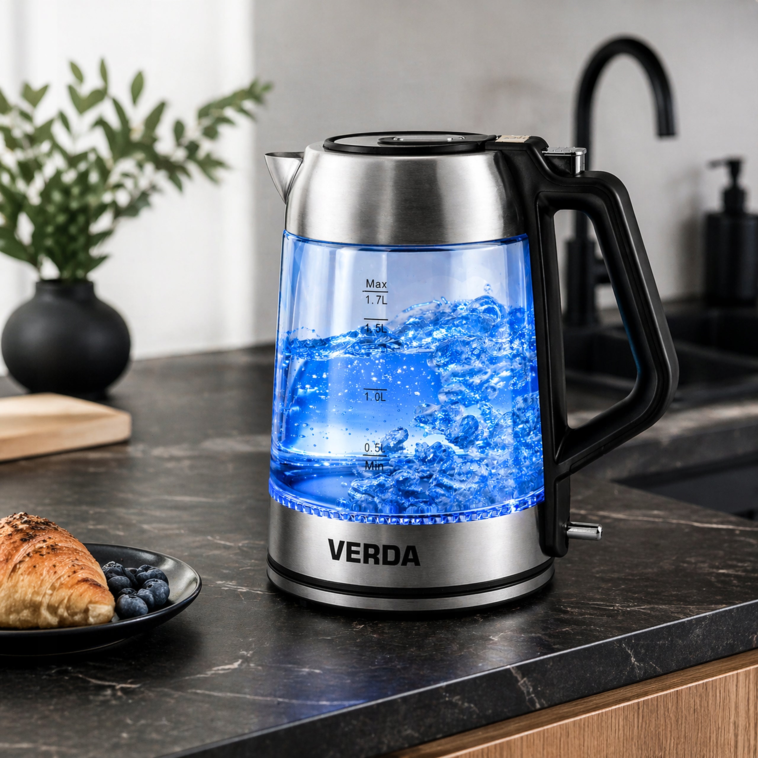 ELECTRIC GLASS KETTLE 1,7L 2200W LED CORDLESS STEEL HIGH POWER Packaging status original
