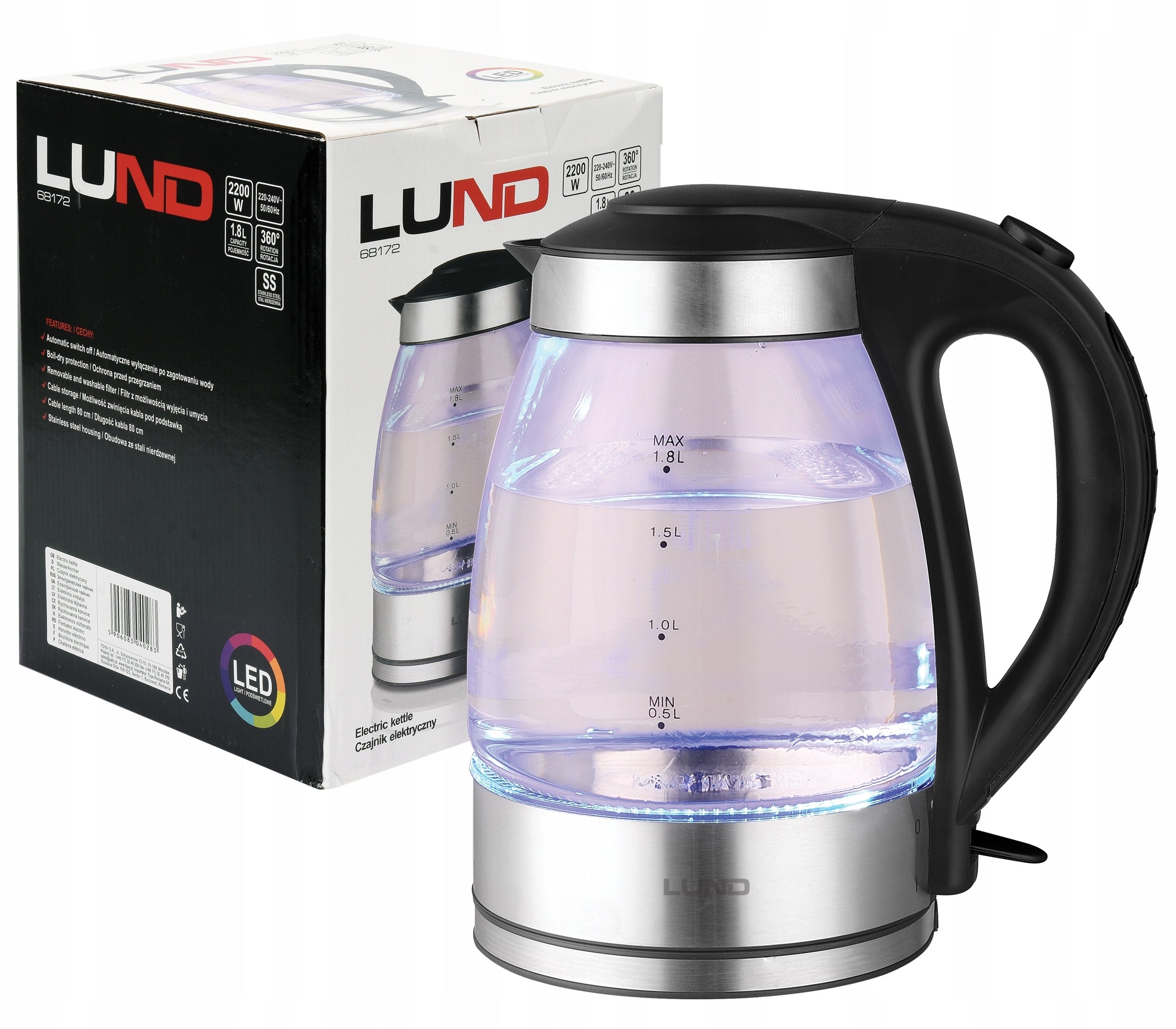 ELECTRIC GLASS KETTLE 1,8L WIRELESS ILLUMINATED LED 2200W LUND Brand Lund