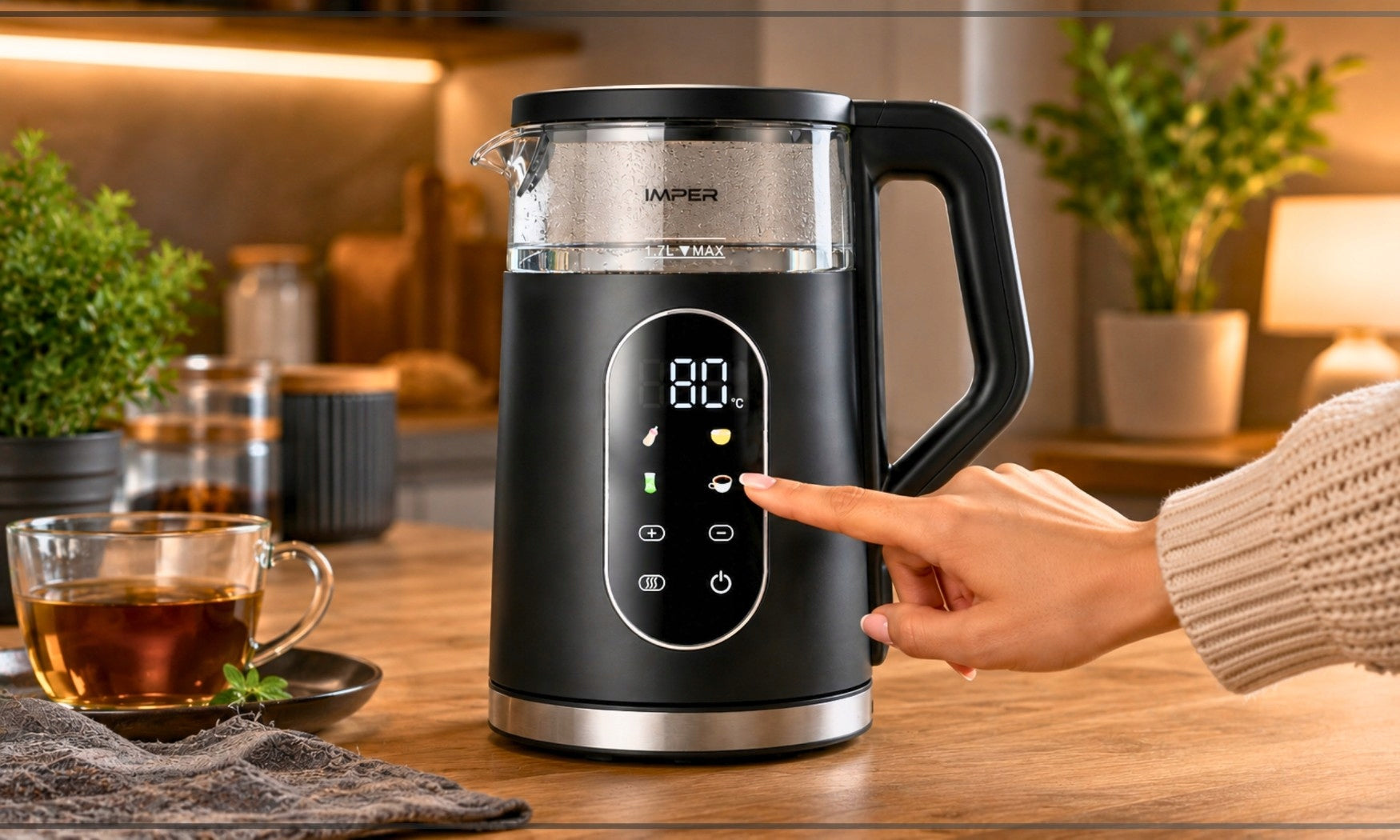 ELECTRIC GLASS KETTLE WITH TEMPERATURE CONTROL BLACK LED 1,7L 2200W Capacity 1.7 l