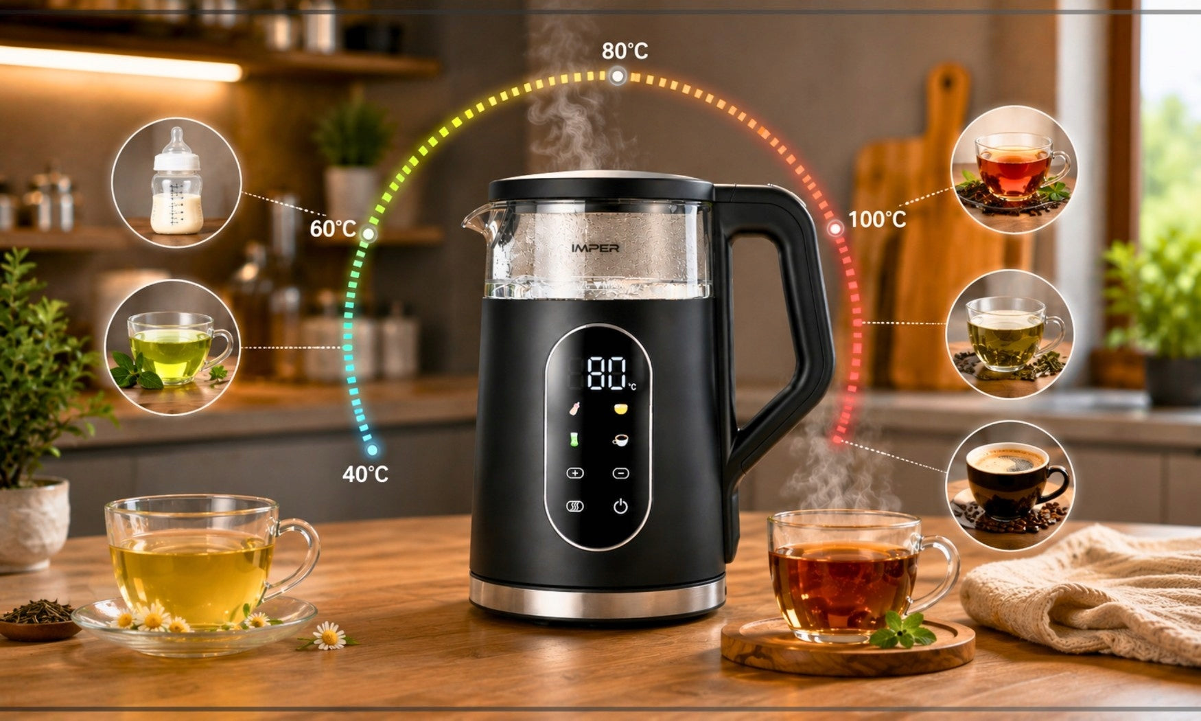 ELECTRIC GLASS KETTLE WITH TEMPERATURE CONTROL BLACK LED 1,7L 2200W Power 2200 W