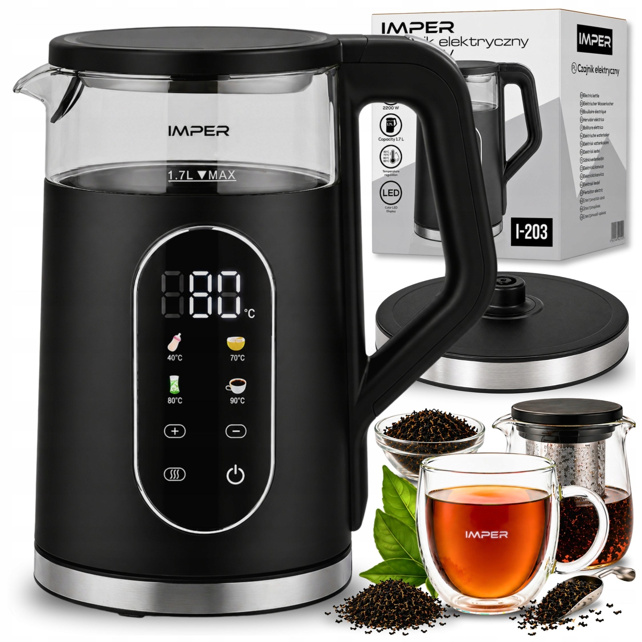 ELECTRIC GLASS KETTLE WITH TEMPERATURE CONTROL BLACK LED 1,7L 2200W