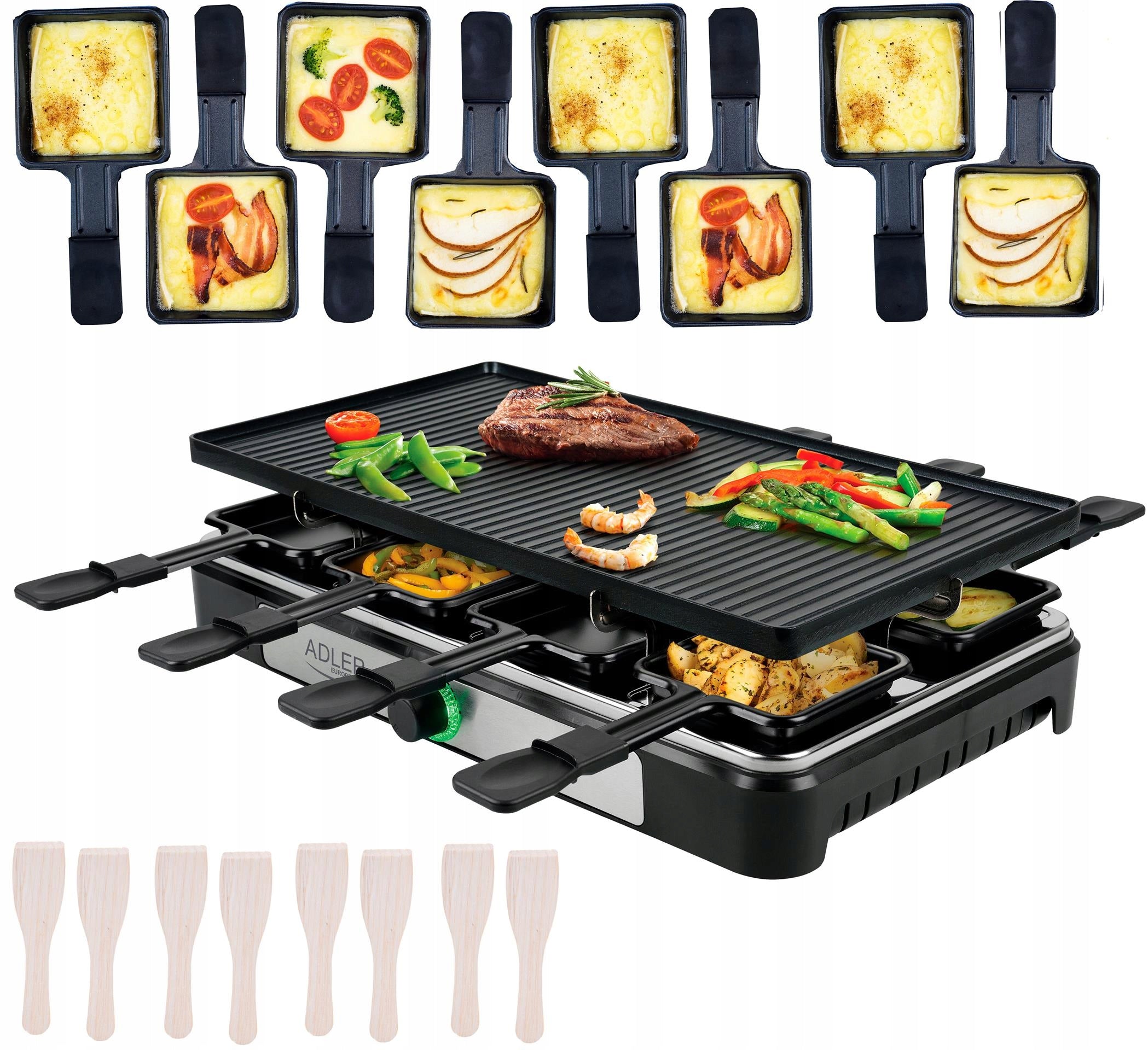 ELECTRIC GRILL RACLETTE LARGE XL 8 PEOPLE STRONG 1400W PATENLOINS SPATULAS