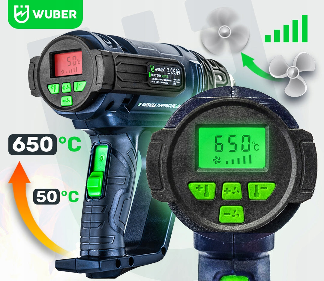 ELECTRIC HEAT GUN 2 GEARS ADJUSTMENT LCD STRONG 2000W + 5 NOZZLES + PUTTY Brand Wuber