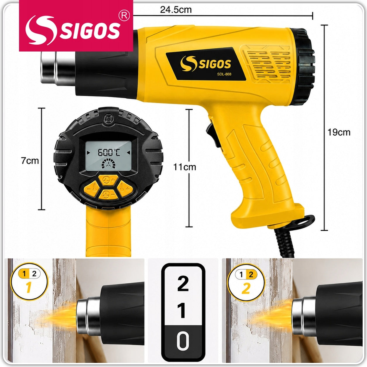 ELECTRIC HEAT GUN ADJUSTABLE 2 GEARS LCD 60-650°C 2200W POWERFUL +4 NOZZLES Packaging status original