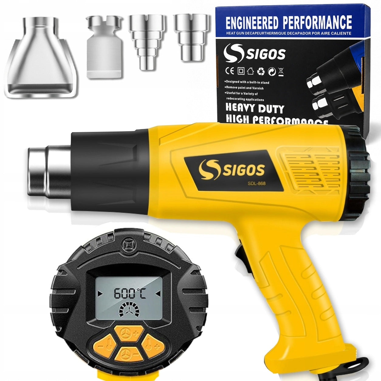 ELECTRIC HEAT GUN ADJUSTABLE 2 GEARS LCD 60-650°C 2200W POWERFUL +4 NOZZLES