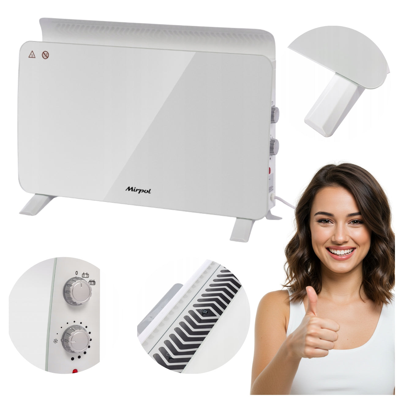 ELECTRIC HEATER 1500W WHITE CONVECTOR FREESTANDING TEMPERED GLASS