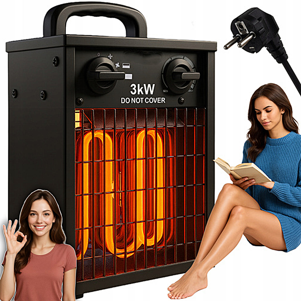 ELECTRIC HEATER 3000W HEATER APRON BLOWER WITH THERMOSTAT BLACK
