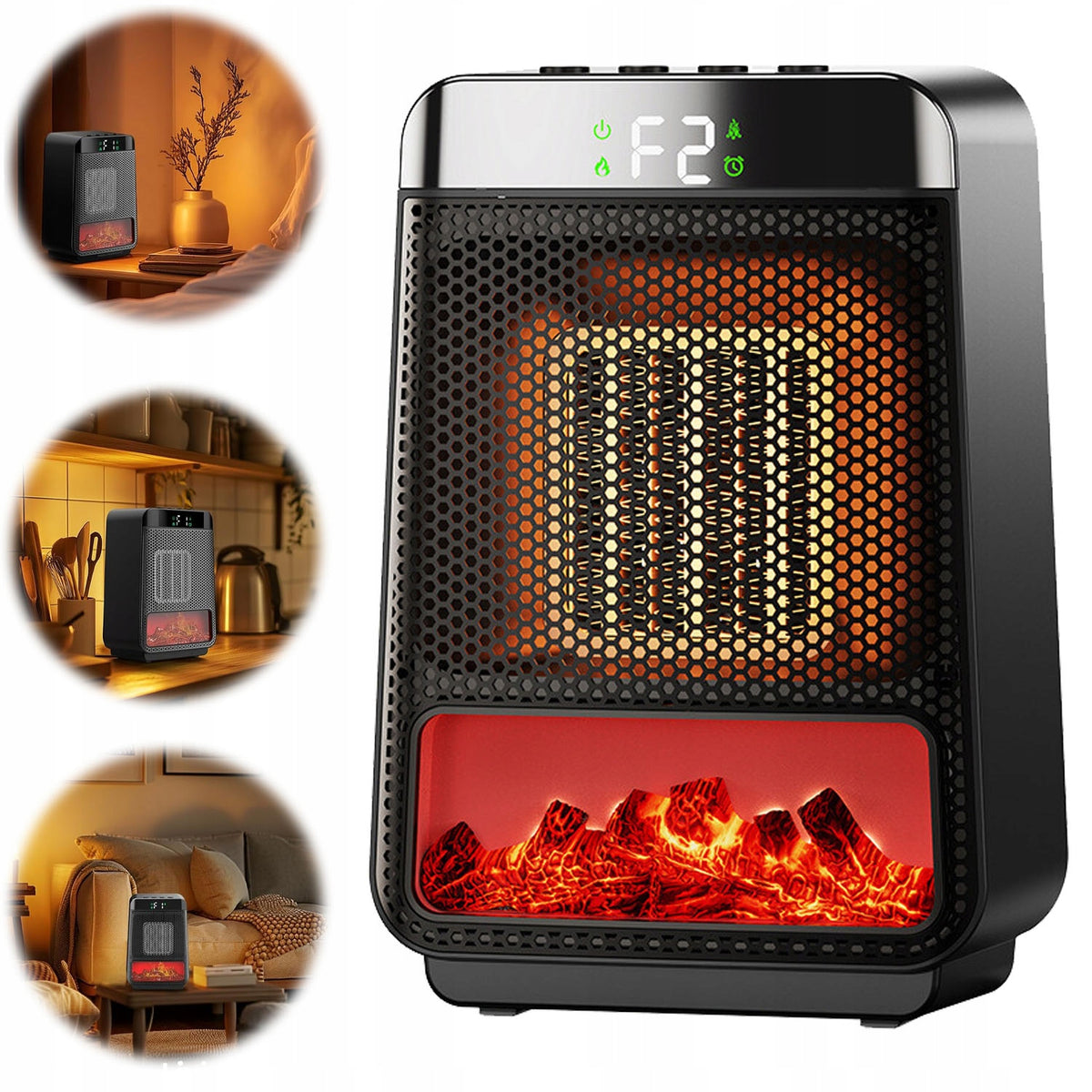 ELECTRIC HEATER 3D FLAME TIMER 7 PROTECTION PORTABLE BLACK ABS