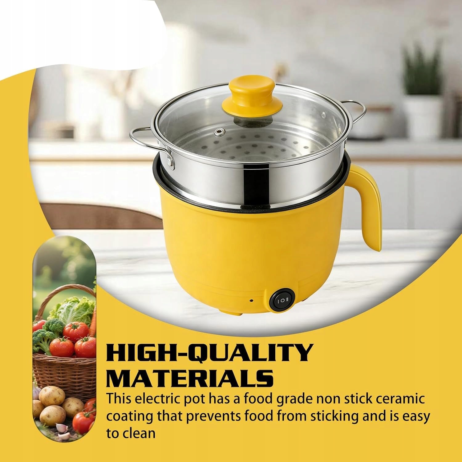 ELECTRIC HOT POT 1,3L 600W COOKING POT RAMEN STEEL Dominant color clear