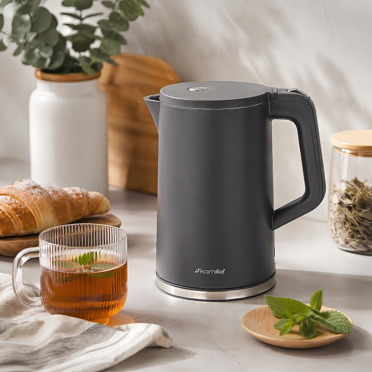 ELECTRIC KETTLE 1,7 L GREY MESH FILTER ROTATING BASE KAMILLE Packaging status original