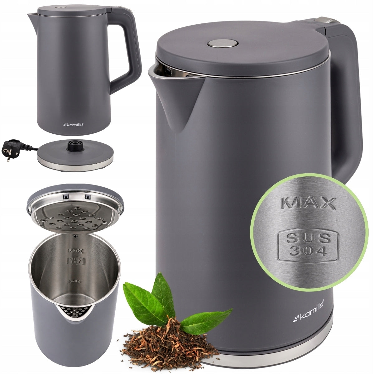 ELECTRIC KETTLE 1,7 L GREY MESH FILTER ROTATING BASE KAMILLE