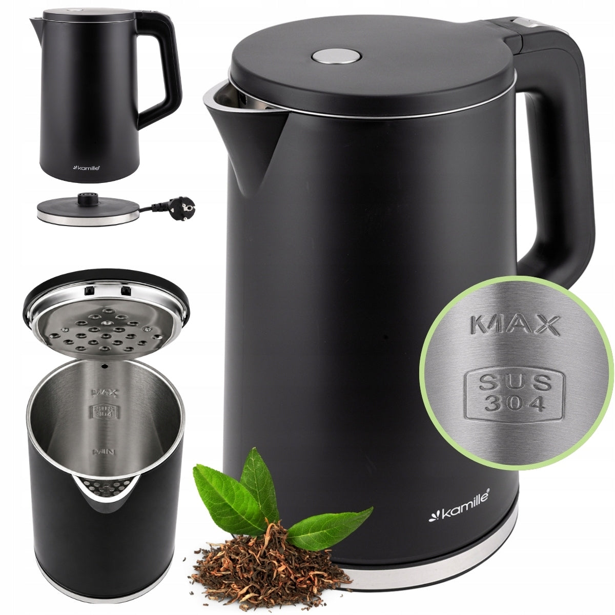 ELECTRIC KETTLE 1,7L BLACK MESH FILTER ROTATING BASE KAMILLE