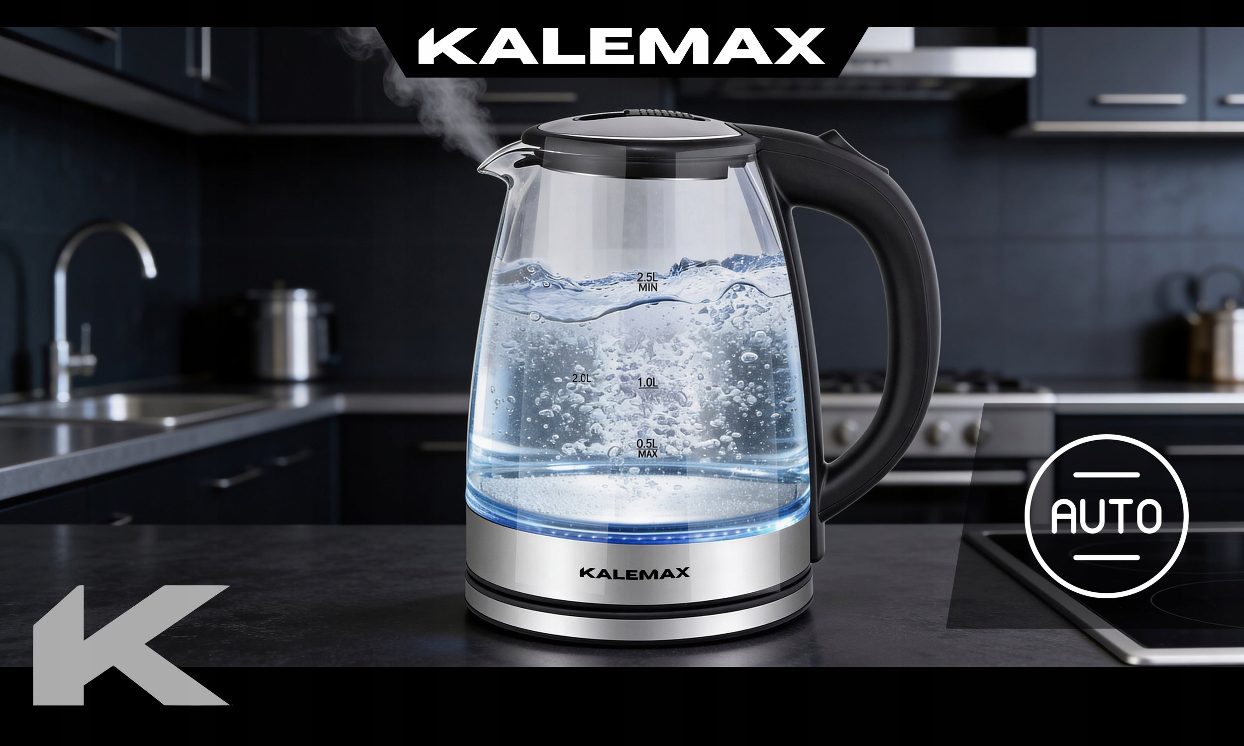 ELECTRIC KETTLE BLACK QUIET 2L STEEL 1800W LED BACKLIGHT STRONG Model KLX-6400