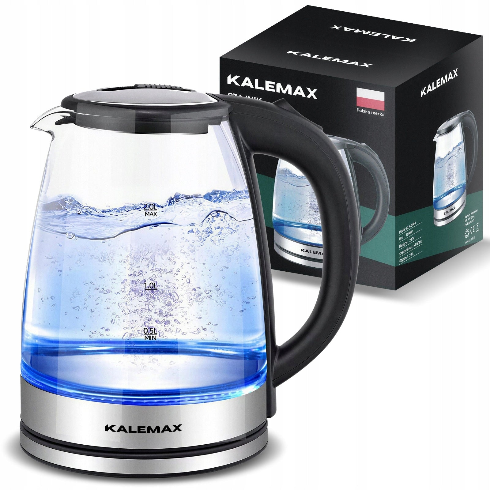 ELECTRIC KETTLE BLACK QUIET 2L STEEL 1800W LED BACKLIGHT STRONG