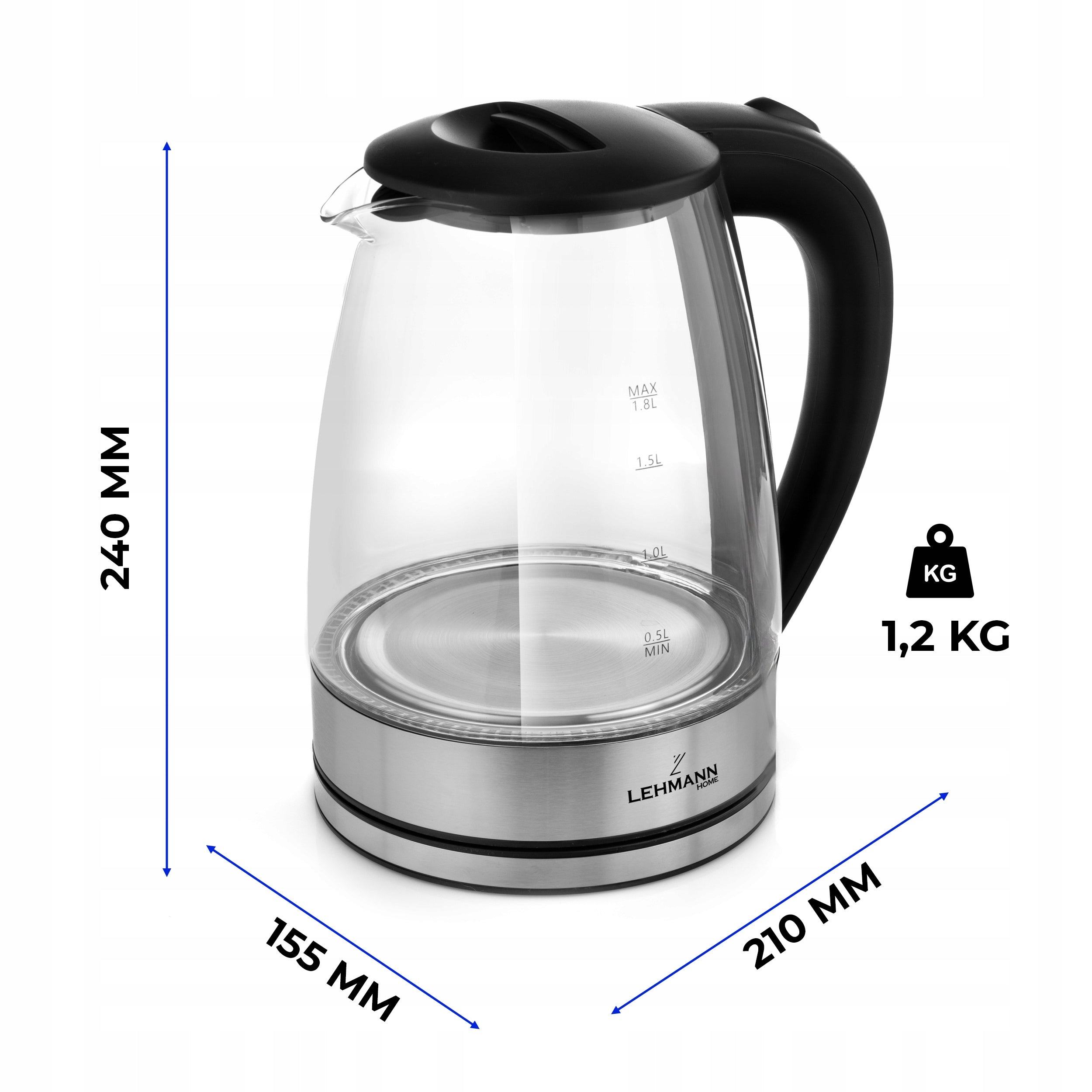 ELECTRIC KETTLE GLASS WIRELESS BACKLIT WITH LED 2L POWERFUL 2200W Power 2200 W