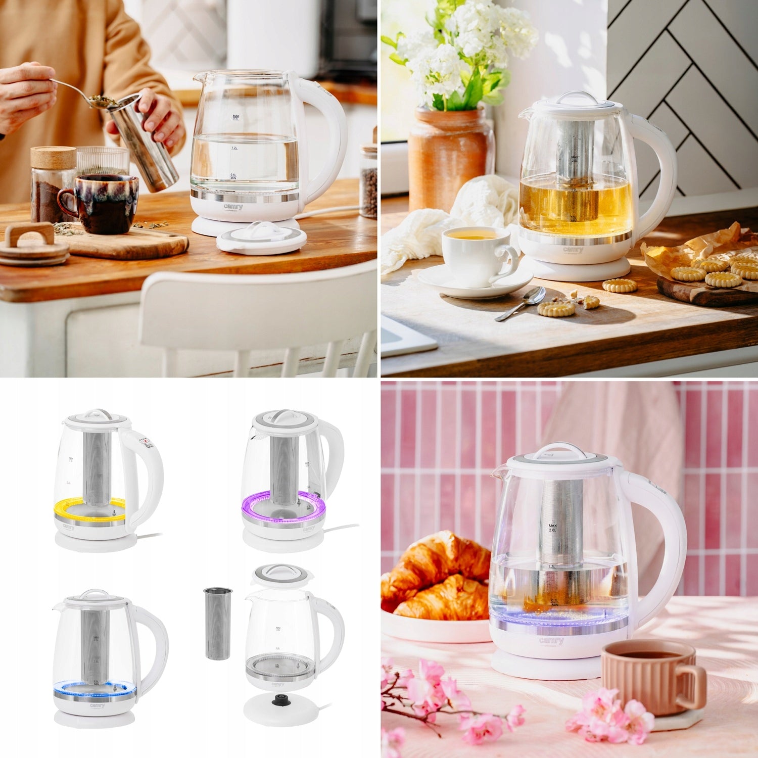 ELECTRIC KETTLE GLASS WIRELESS TEMP ADJUSTMENT LED INFUSER 2L Model CR1290w