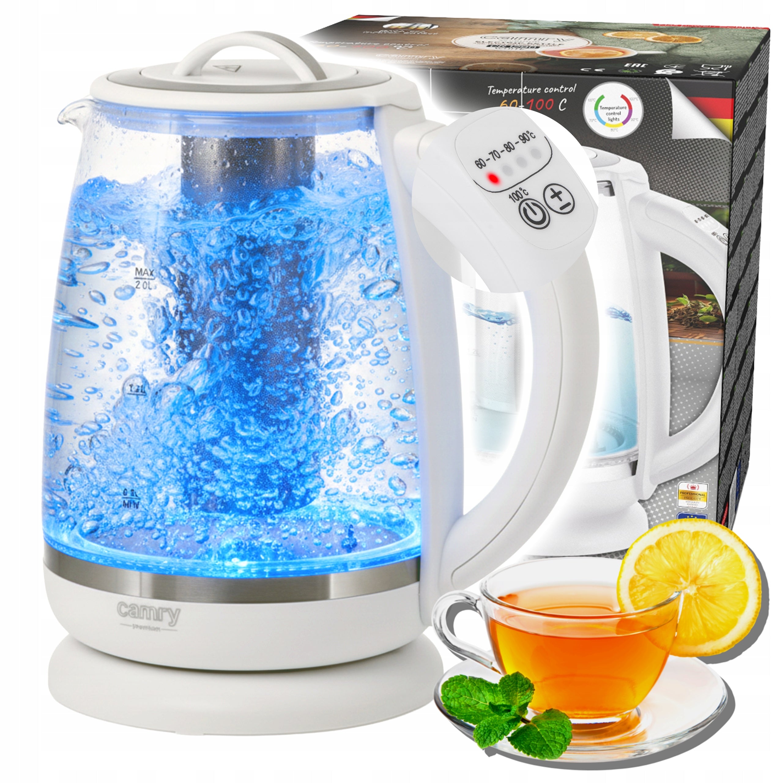 ELECTRIC KETTLE GLASS WIRELESS TEMP ADJUSTMENT LED INFUSER 2L