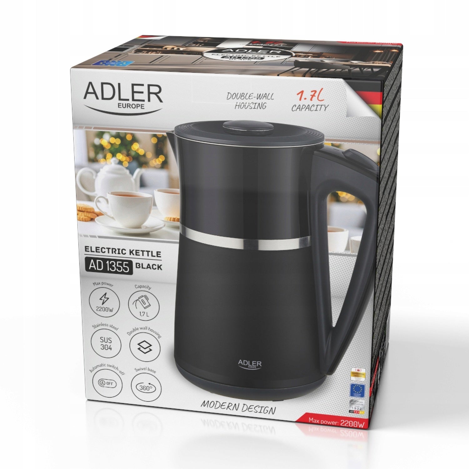 ELECTRIC KETTLE METAL 1,7L 2200W STAINLESS STEEL STRONG SILENT BLACK Dominant color black