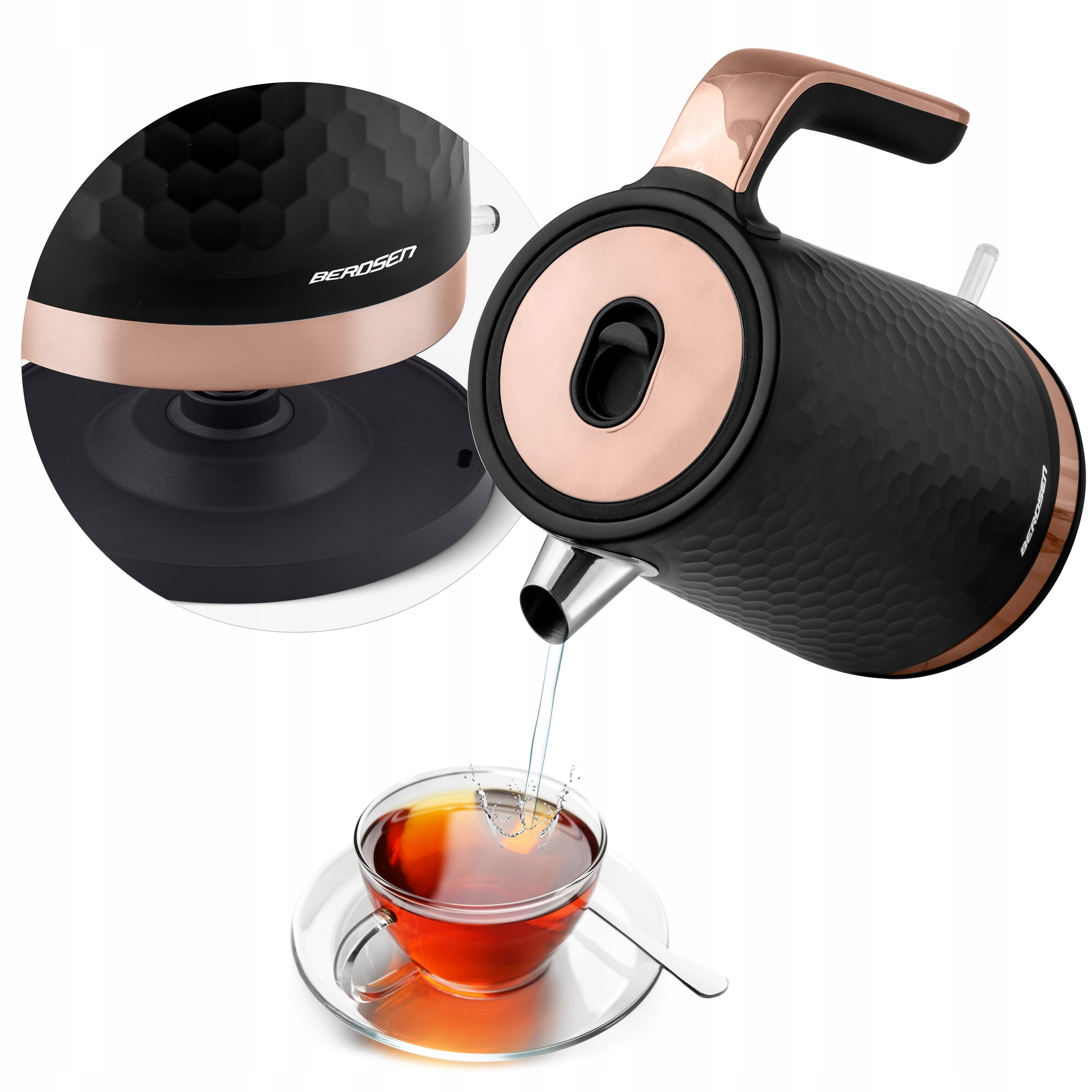 ELECTRIC KETTLE METAL BLACK GOLD CORDLESS 1,7L BERDSEN 2200W Brand Berdsen