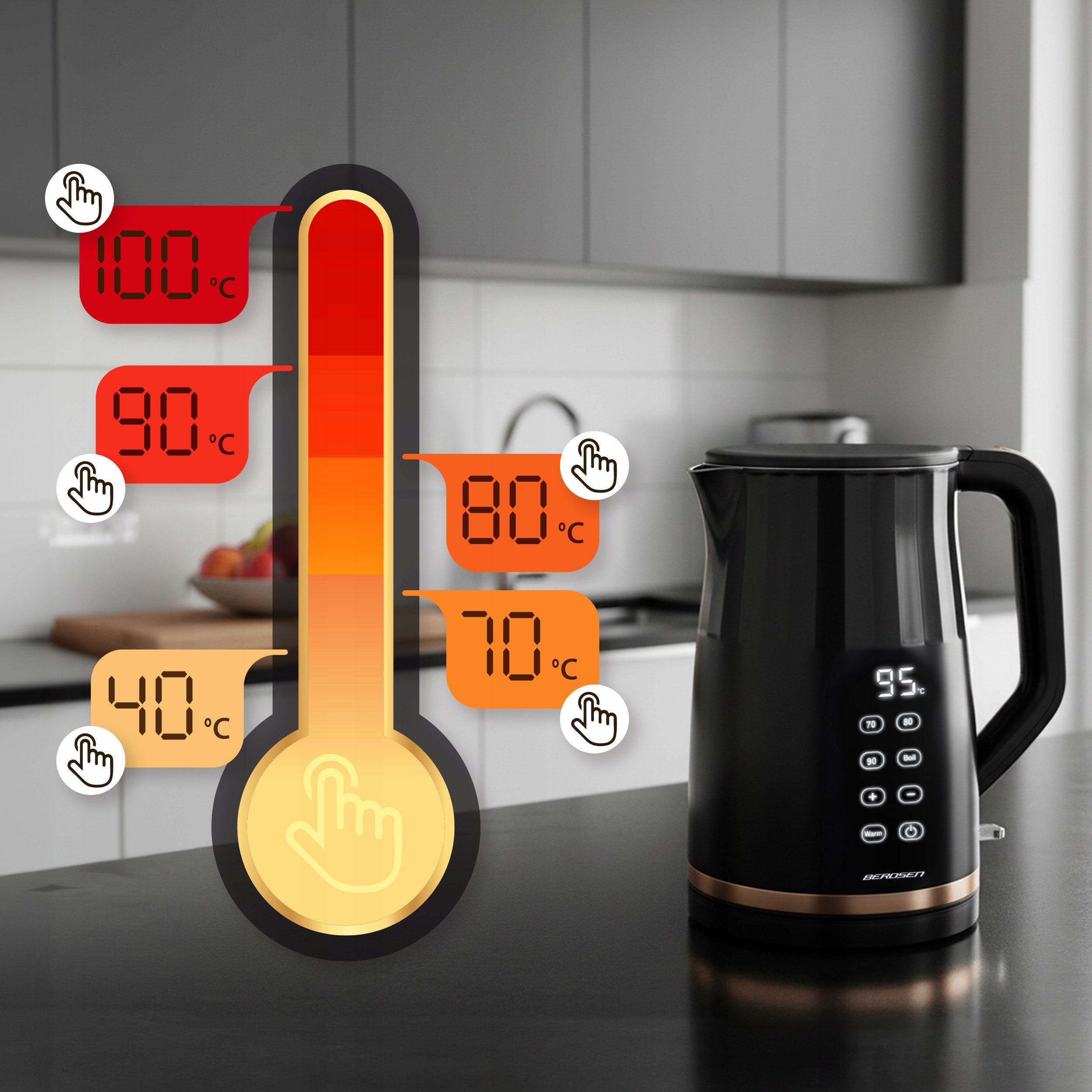 ELECTRIC KETTLE TEMPERATURE CONTROL 2200W TOUCH PANEL 1,7L BERDSEN Model 370600