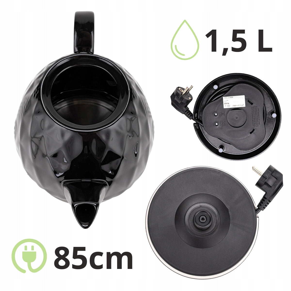 ELECTRIC KETTLE WIRELESS CERAMIC KAMILLE 1200 W 1,5 L black Capacity 1.5 l