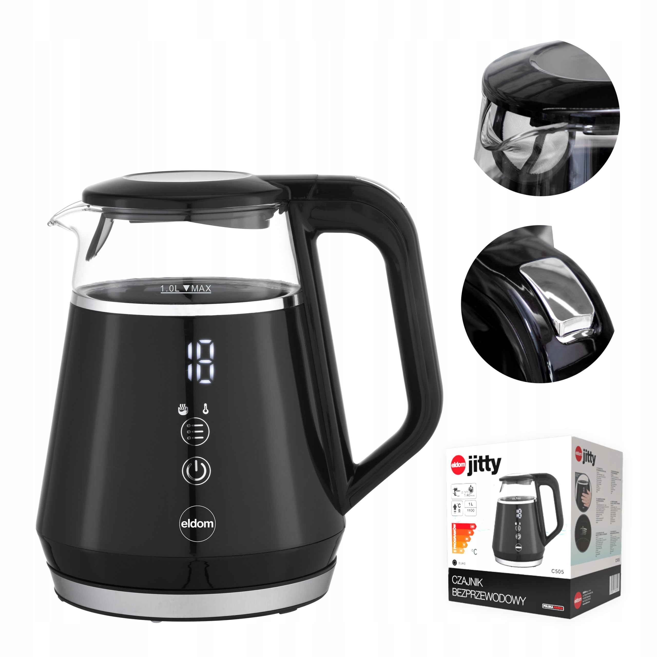 ELECTRIC KETTLE WIRELESS GLASS 1L TOUCH PANEL 1100W BLACK