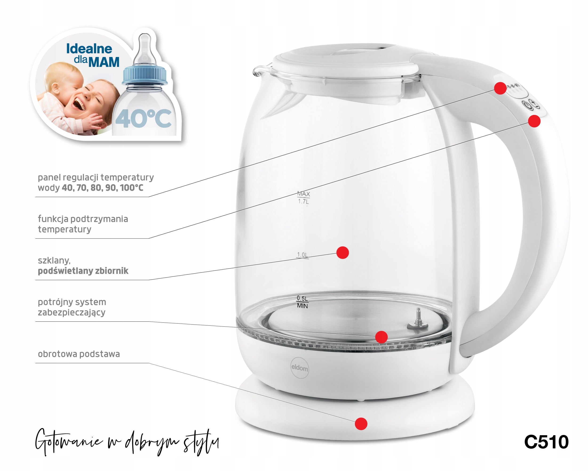 ELECTRIC KETTLE WIRELESS GLASS C510 2200W 1,7l WHITE Brand Eldom