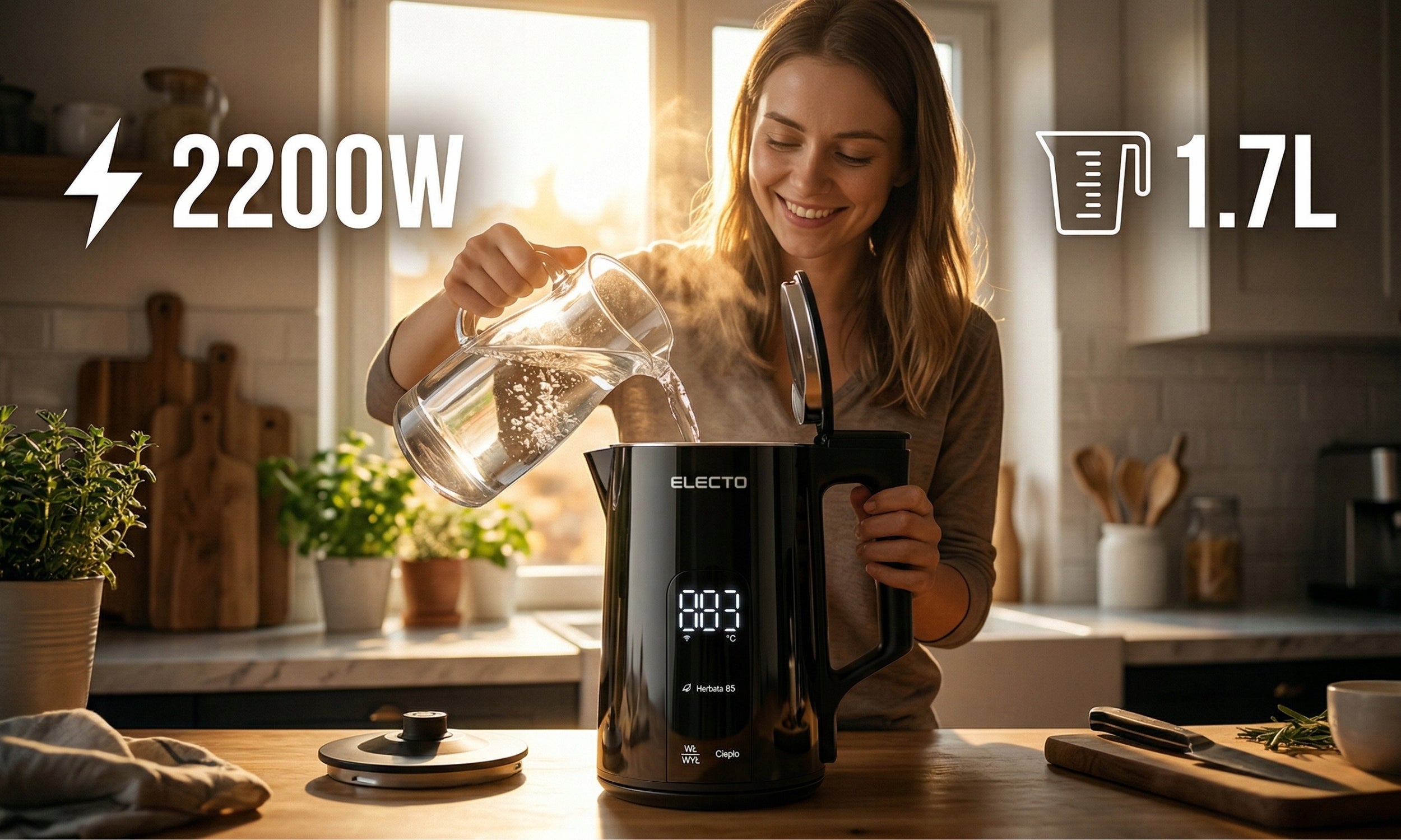 ELECTRIC KETTLE WITH TEMPERATURE CONTROL LED 1,7L STEEL BLACK 2200W Brand Electo