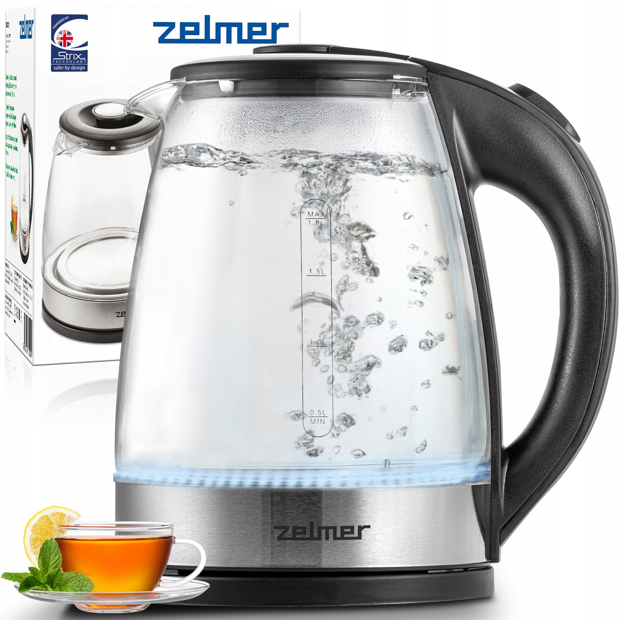 ELECTRIC KETTLE ZELMER GLASS STAINLESS STEEL BACKLIGHT LED 1,8L