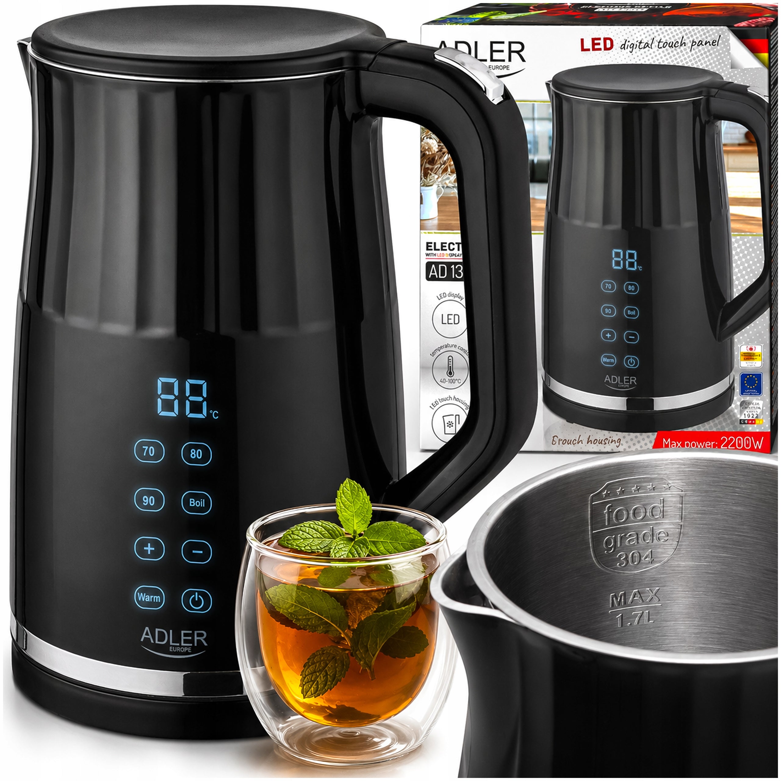 ELECTRIC Kettle 1,7L 2200W METAL BLACK TEMPERATURE CONTROL TOUCH